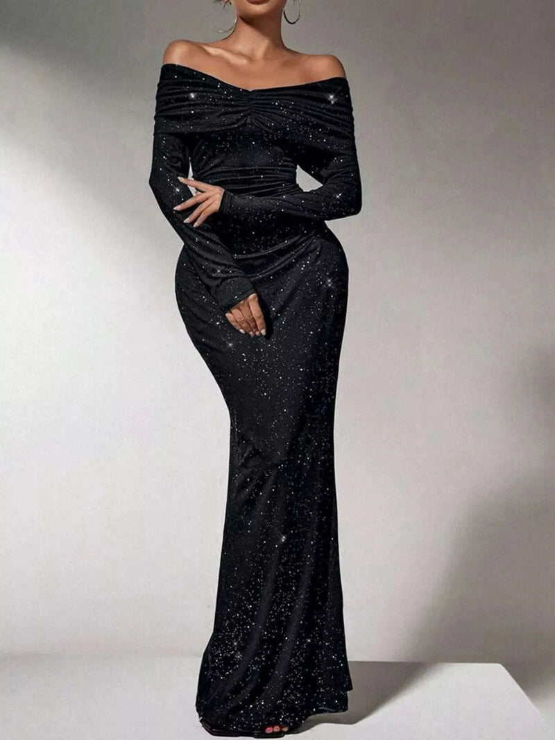 Off-Shoulder Glitter Evening Maxi Dress WESTCLOSET
