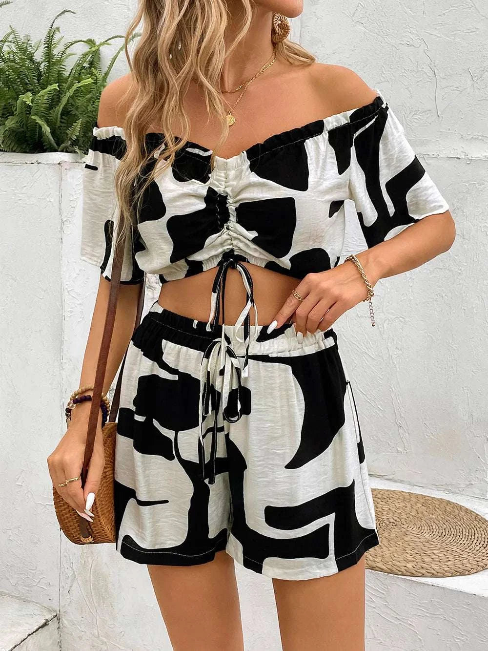 Perfee Drawstring Off-Shoulder Top and Shorts Set WESTCLOSET