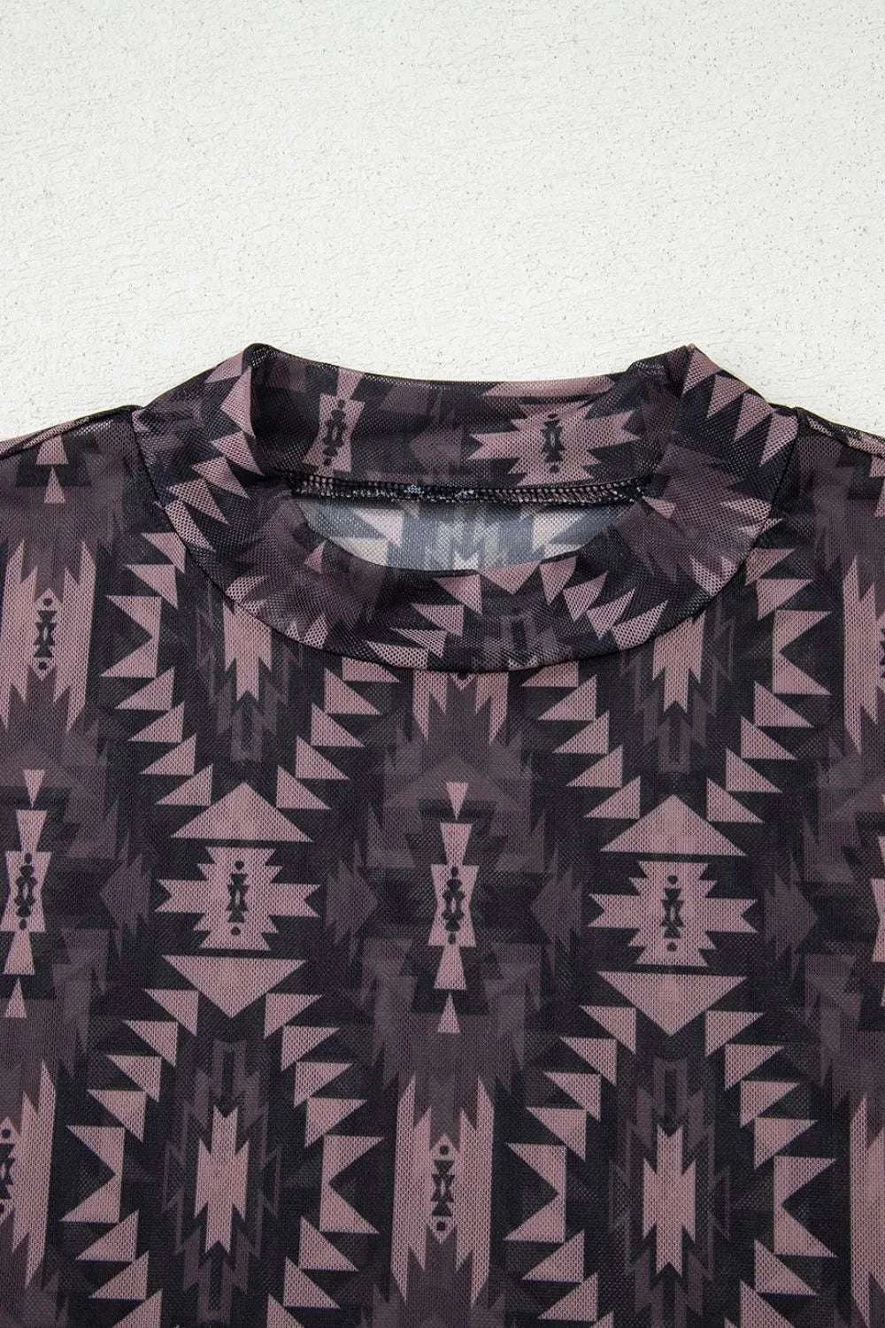 Aztec Print Mock Neck Short Sleeve Mesh T Shirt WESTCLOSET