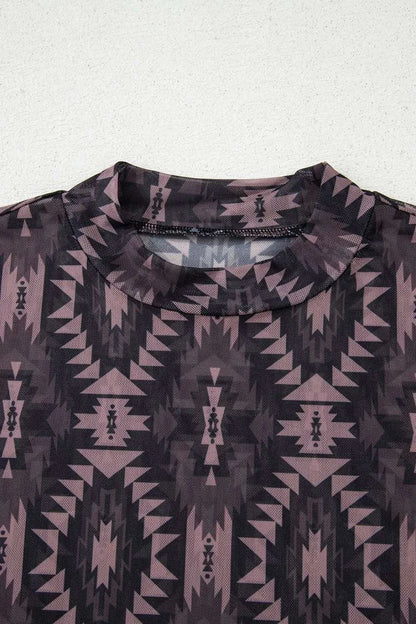 Aztec Print Mock Neck Short Sleeve Mesh T Shirt WESTCLOSET