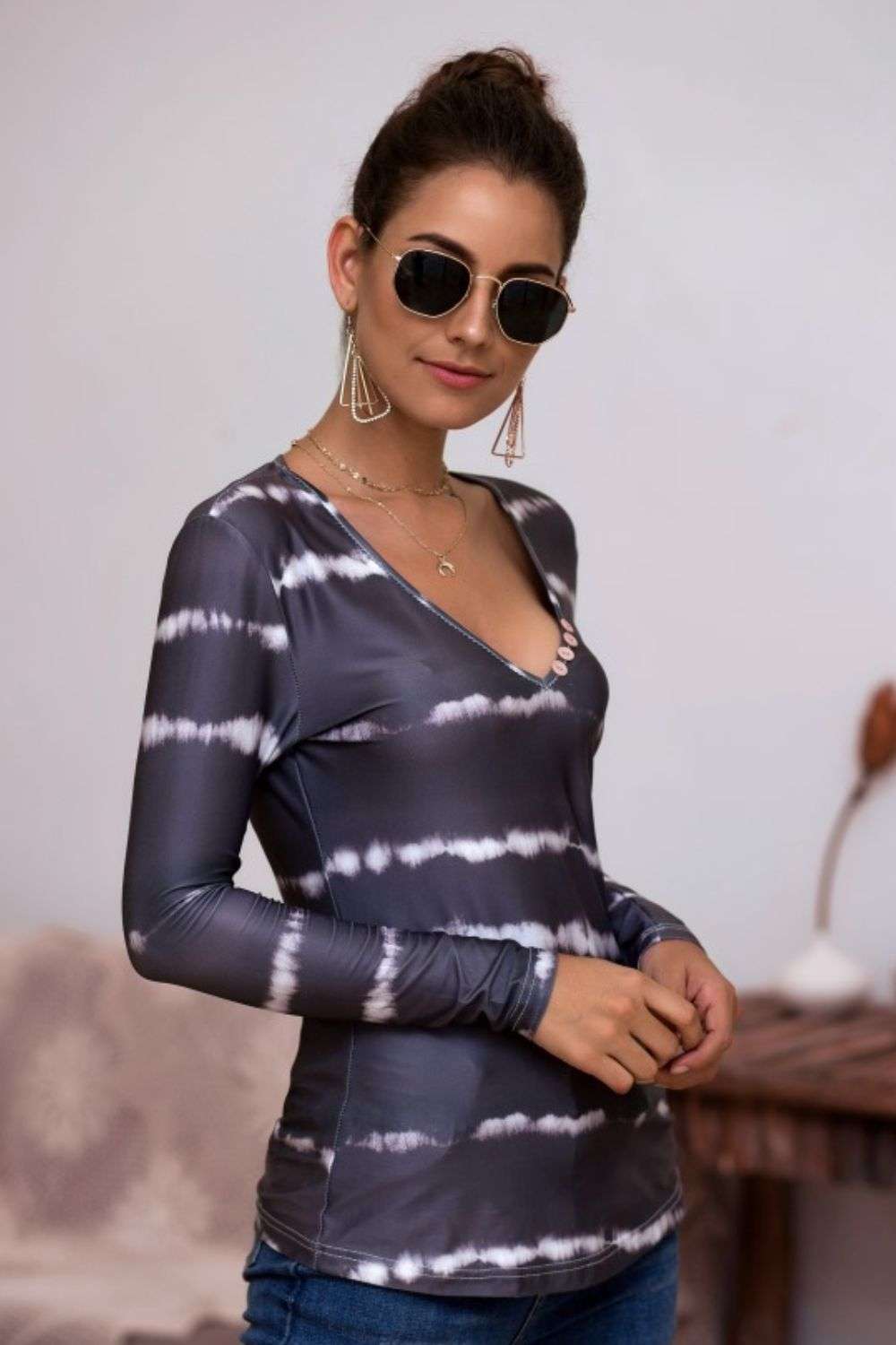 Tie-Dye Plunge Long Sleeve Top WESTCLOSET