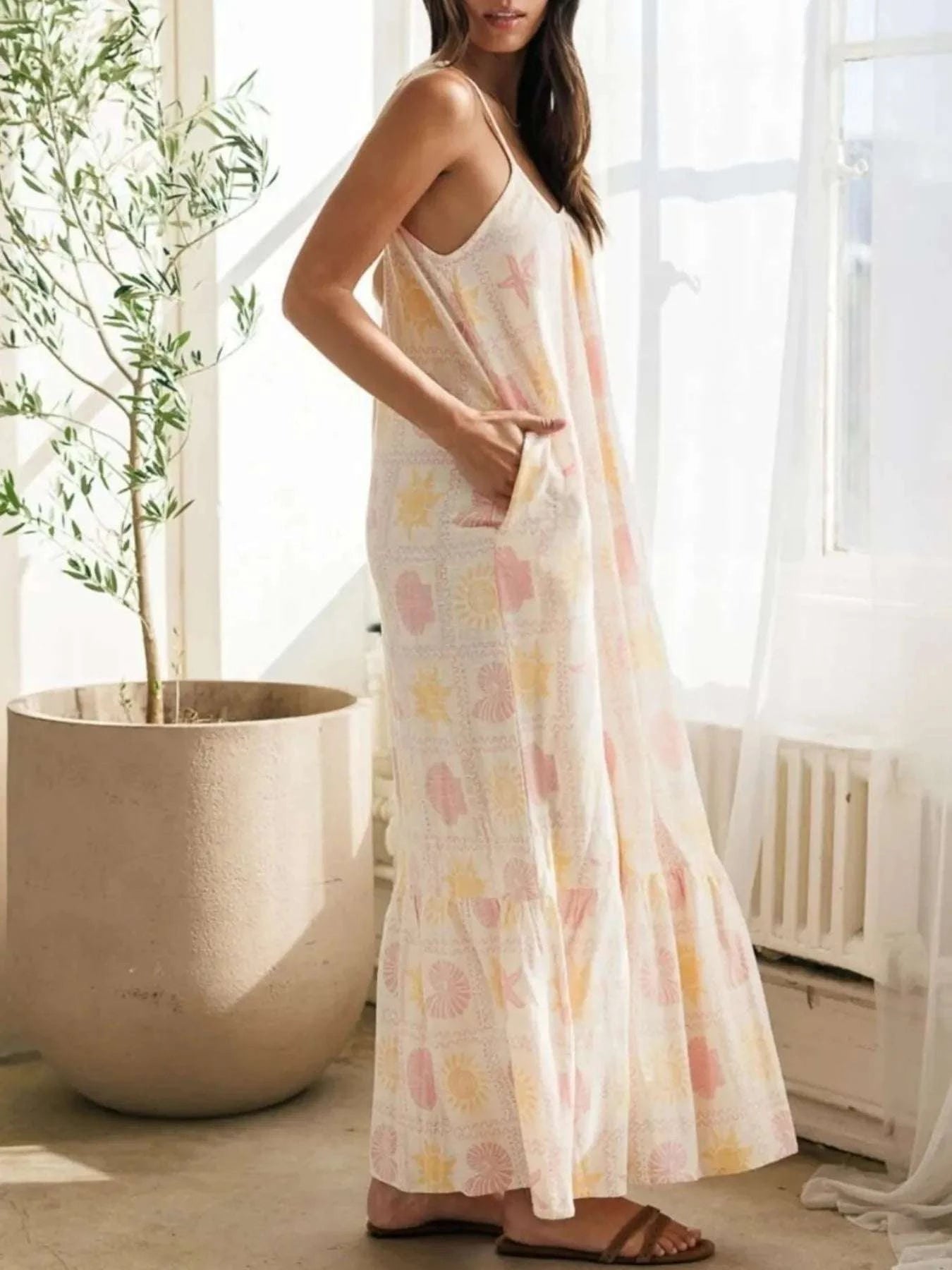 Printed Maxi Lounge Dress with Ruffled Hem WESTCLOSET