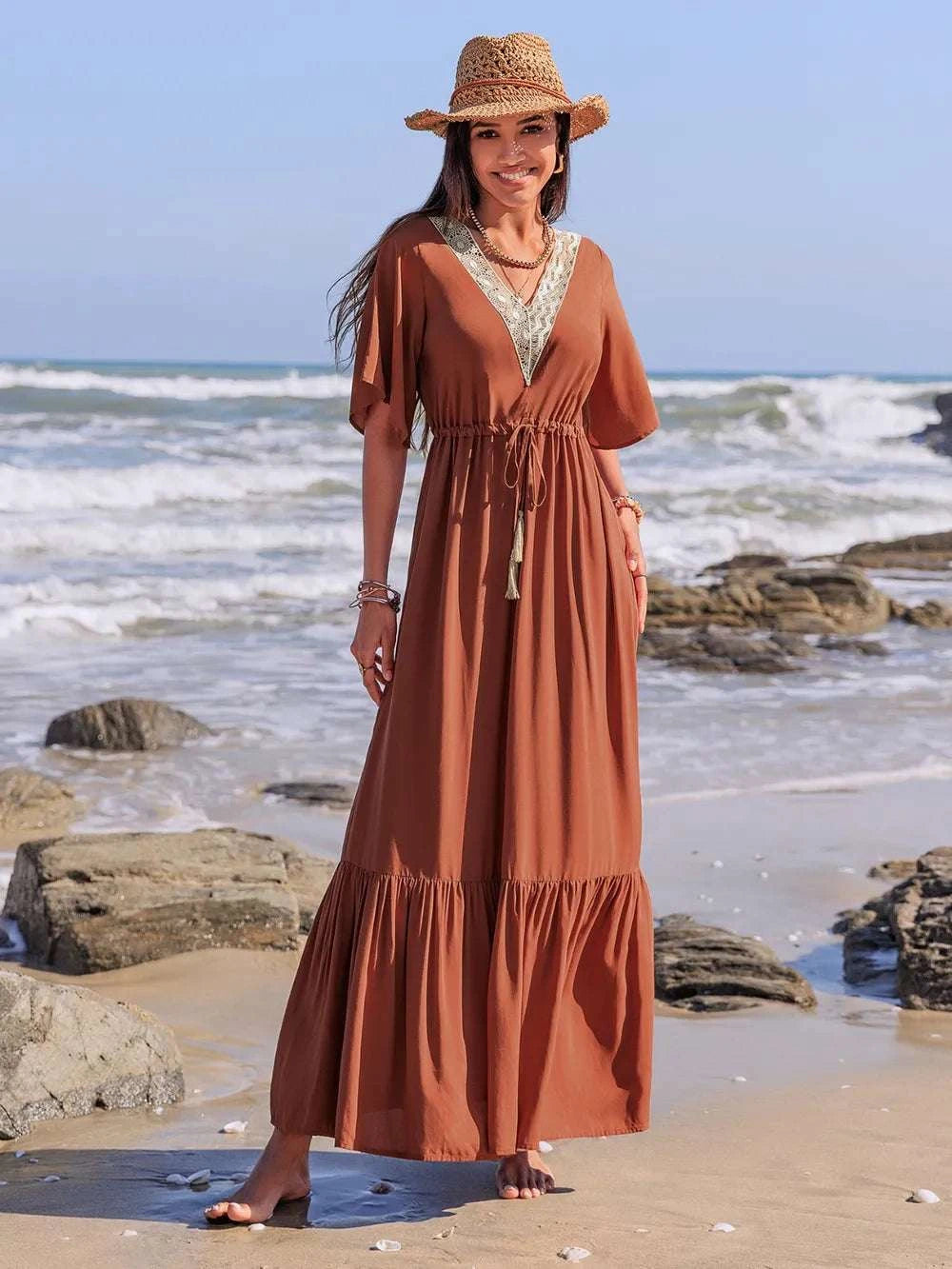 Ruffled Tassel V-Neck Flutter Sleeve Dress WESTCLOSET