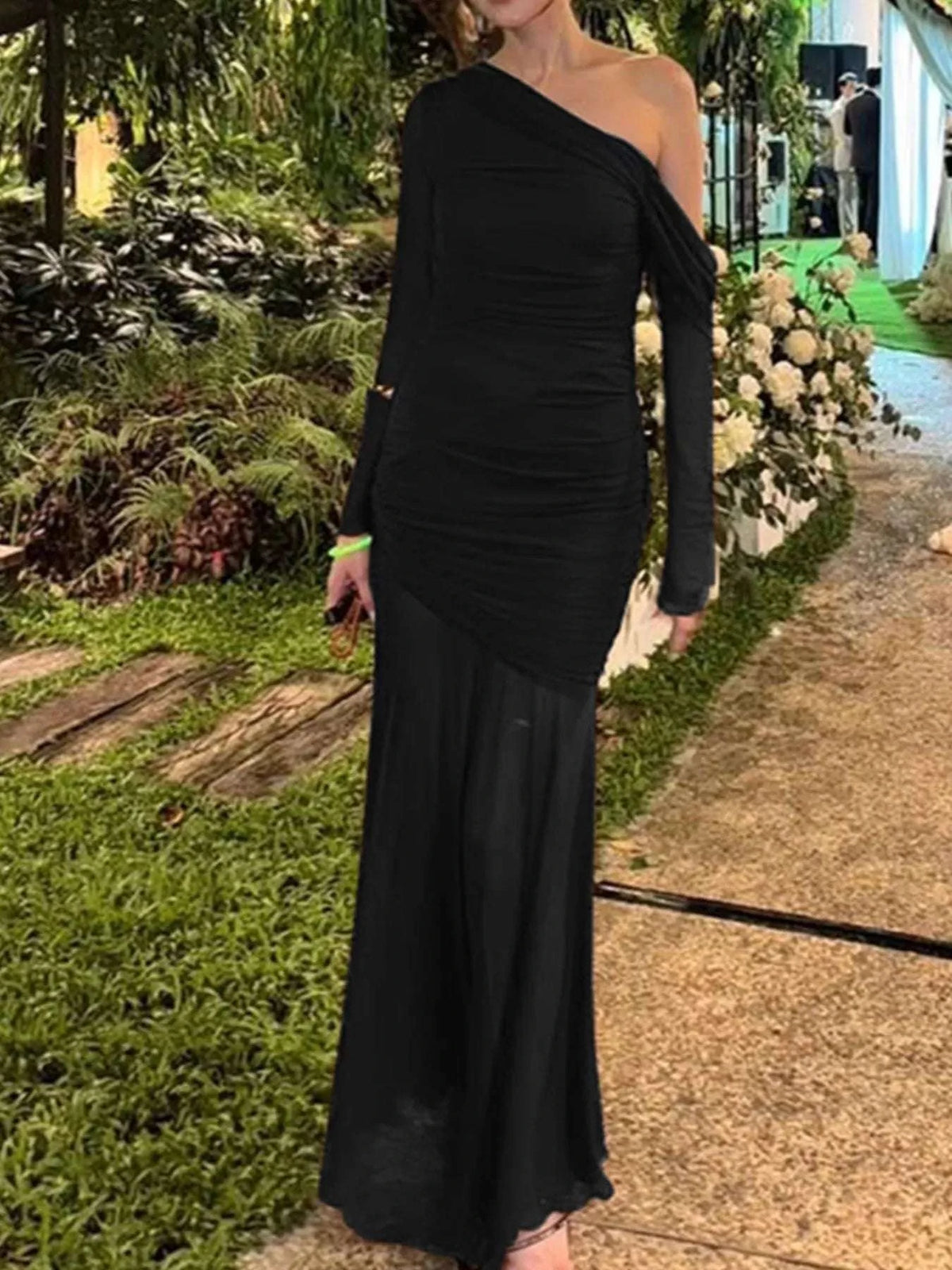 One-Shoulder Ruched Mesh Maxi Dress WESTCLOSET