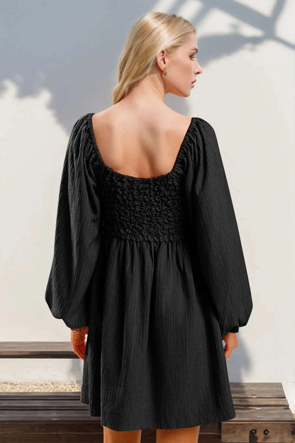 Double Take Texture Smocked Balloon Sleeve Mini Dress WESTCLOSET