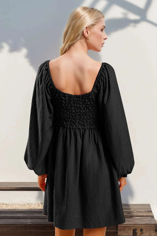 Double Take Texture Smocked Balloon Sleeve Mini Dress WESTCLOSET