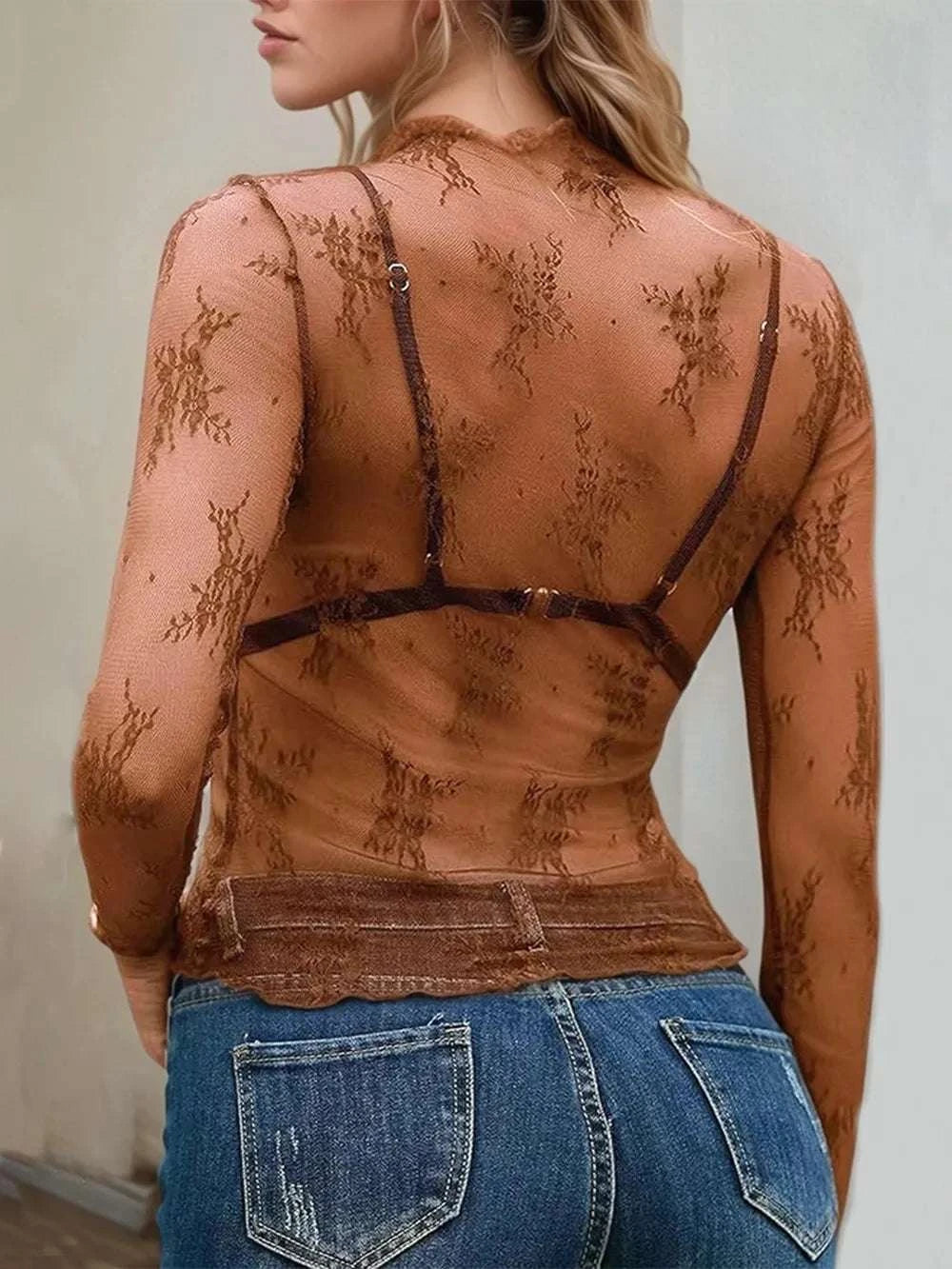 Floral Mock Neck Long Sleeve Mesh Top WESTCLOSET