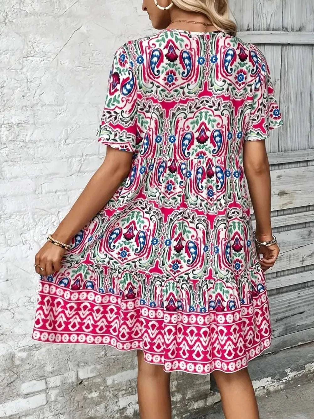 Printed Tie Neck Short Sleeve Dress WESTCLOSET