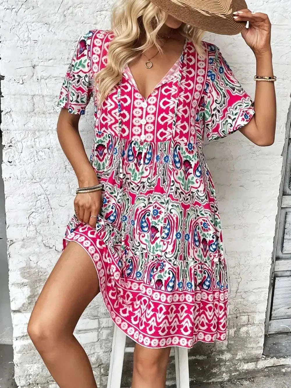 Printed Tie Neck Short Sleeve Dress WESTCLOSET