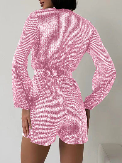 WestCloset Full Size Sequin Surplice Tie Waist Long Sleeve Romper 