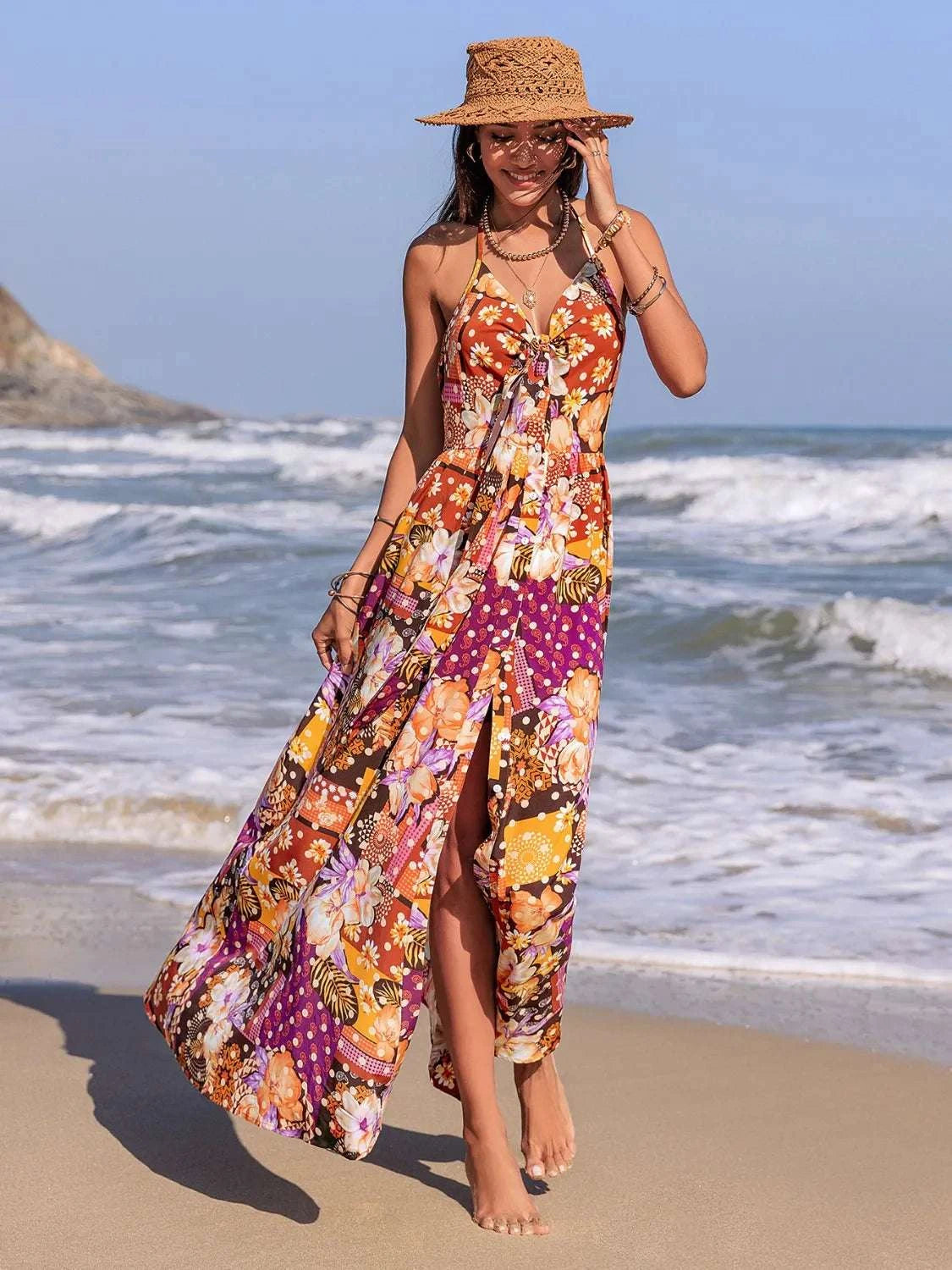 Slit Printed Halter Neck Cami Dress WESTCLOSET