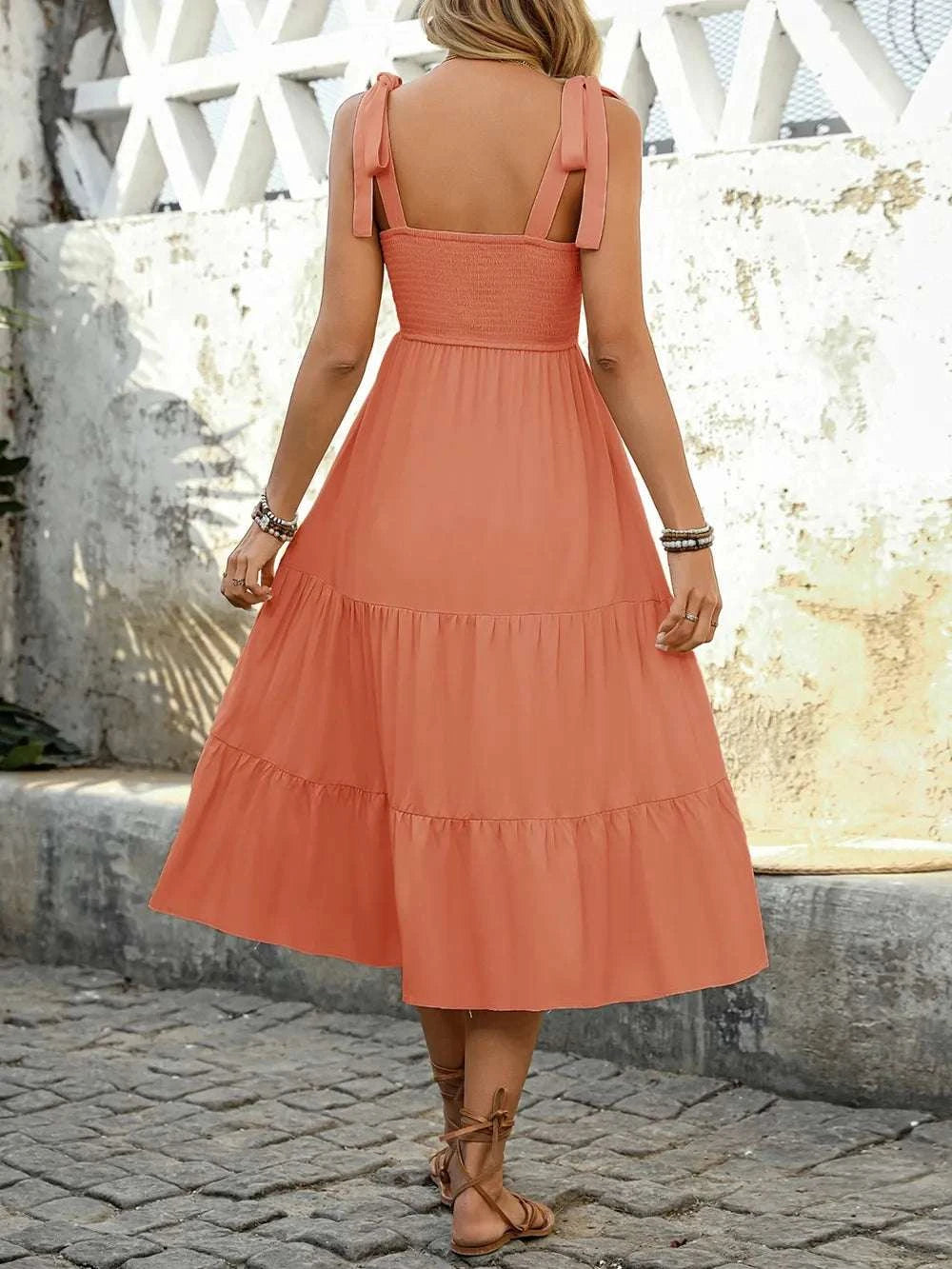 Tie Shoulder Square Neck Tiered Midi Dress WESTCLOSET