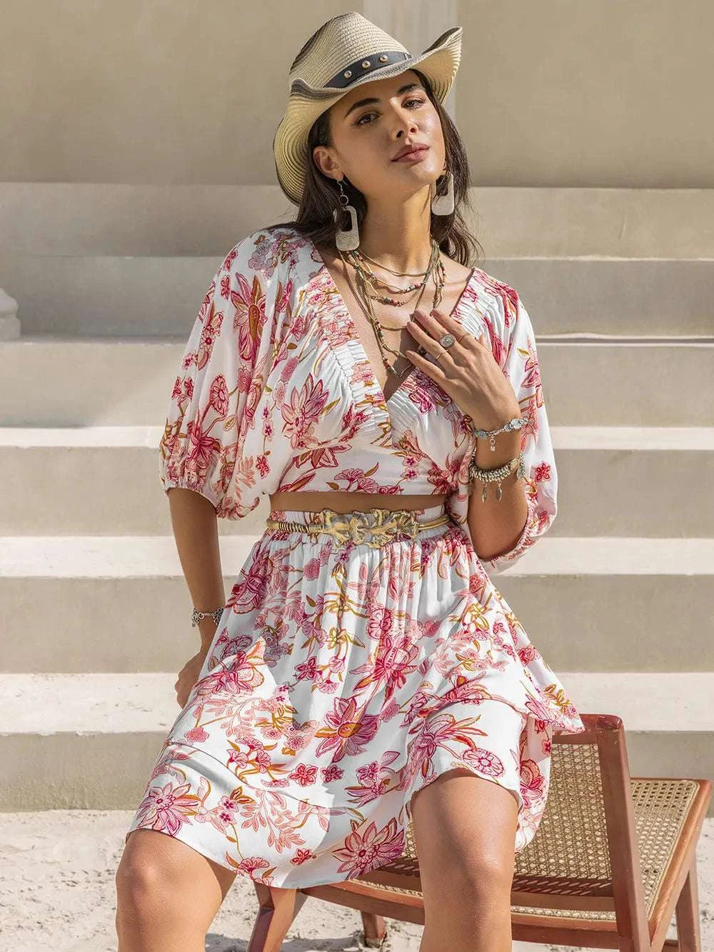 Printed Half Sleeve Top and Layered Skirt Set WESTCLOSET