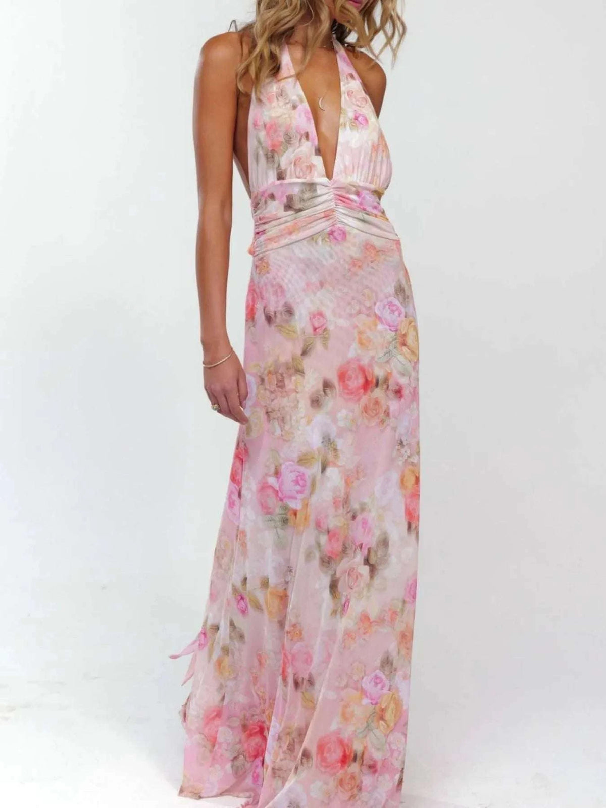 Floral Halter Neck Deep V Maxi Dress WESTCLOSET