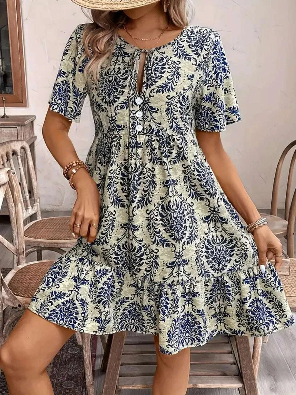 Printed Tie Neck Short Sleeve Dress WESTCLOSET