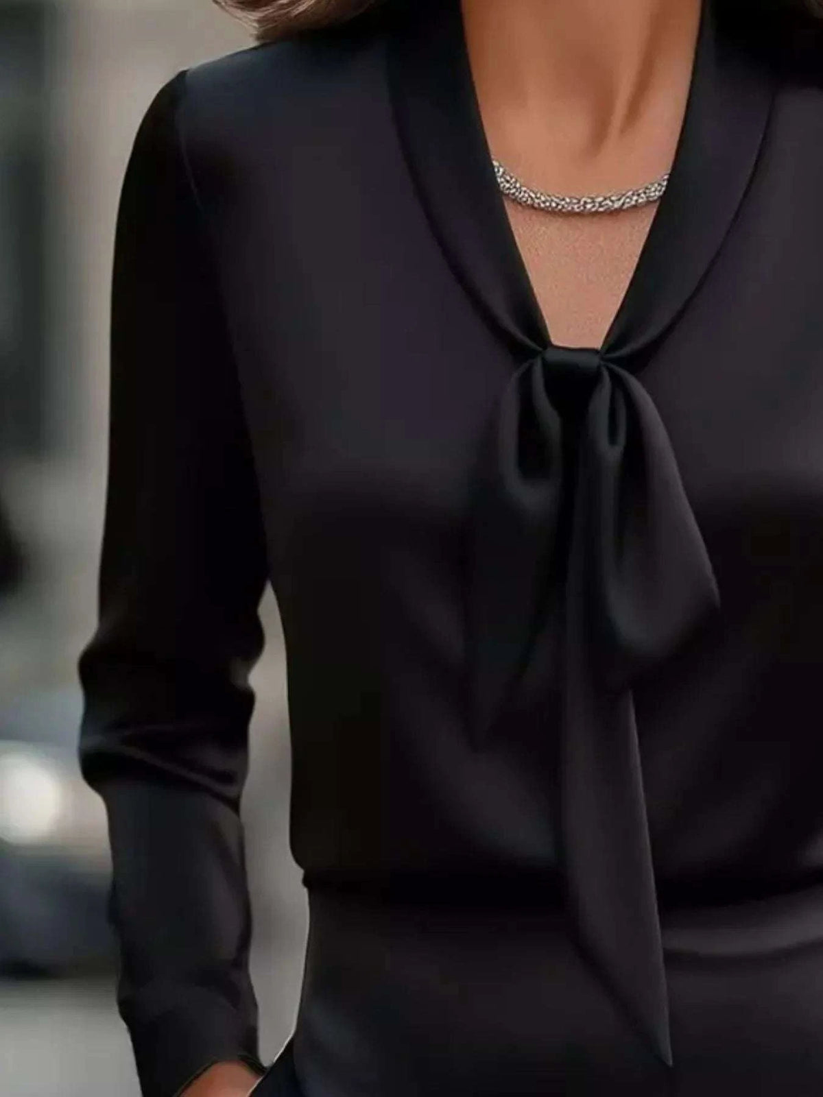 Satin Tie Front Long Sleeve Blouse WESTCLOSET