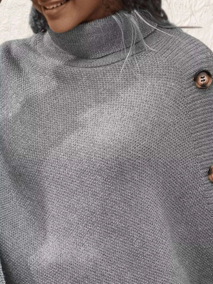 Button-Decor Turtleneck Poncho Pullover WESTCLOSET