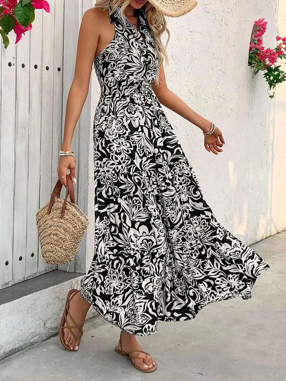 Perfee Backless Smocked Printed Sleeveless Midi Dress WESTCLOSET