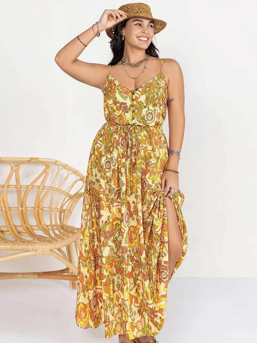 Plus Size Printed V-Neck Maxi Cami Dress WESTCLOSET