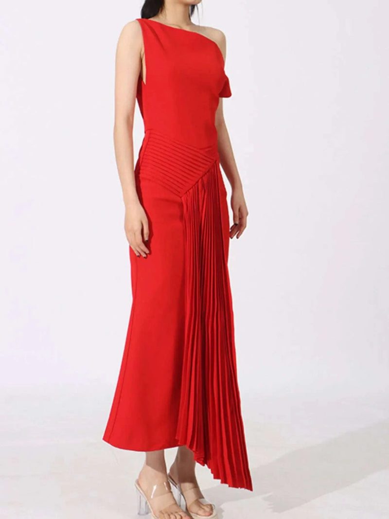Single Shoulder Pleated Dress WESTCLOSET