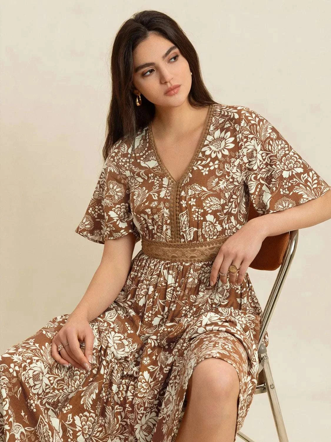 Lace Detail Printed Short Sleeve Midi Dress WESTCLOSET