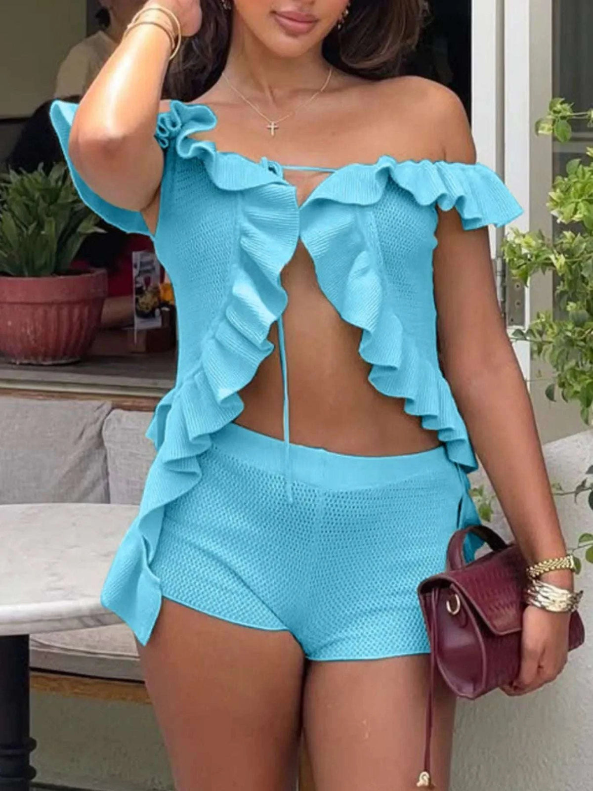 Off-Shoulder Ruffle Top and Shorts Sweater Set WESTCLOSET