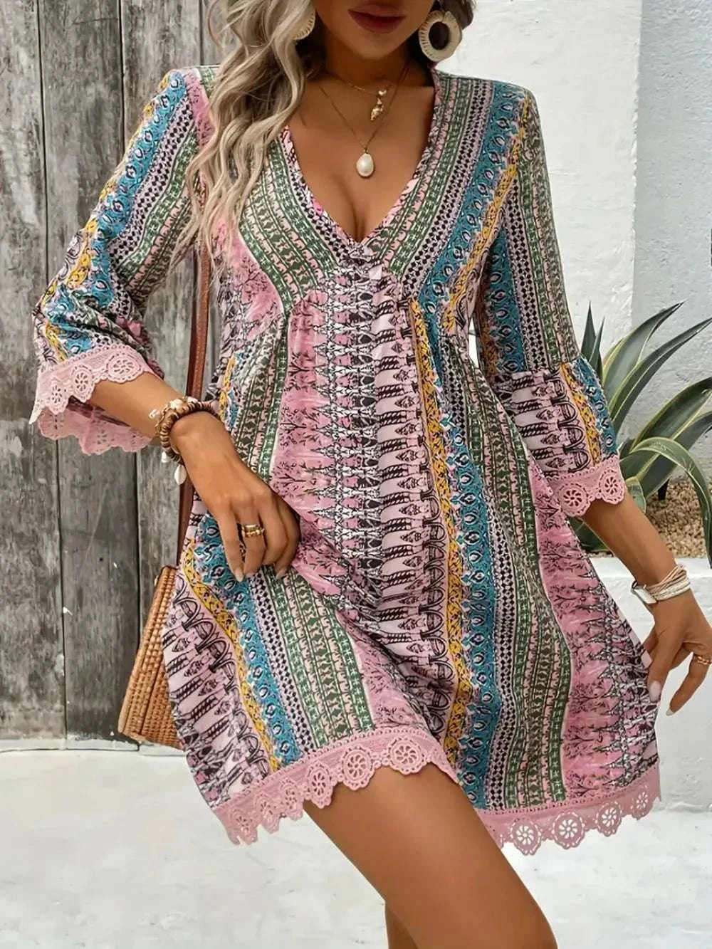 Lace Trim Printed V-Neck 3/4 Sleeve Dress WESTCLOSET