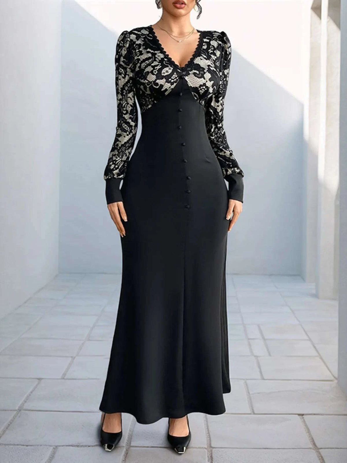Lace V-Neck Long Sleeve Maxi Dress WESTCLOSET
