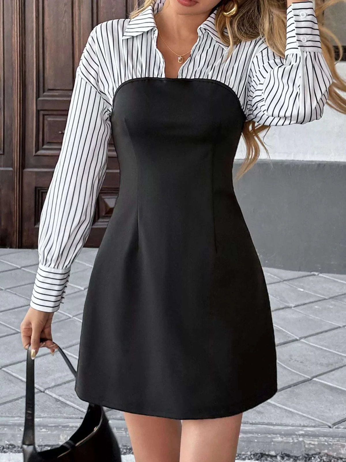 Striped Shirt Panel Bodycon Mini Dress WESTCLOSET