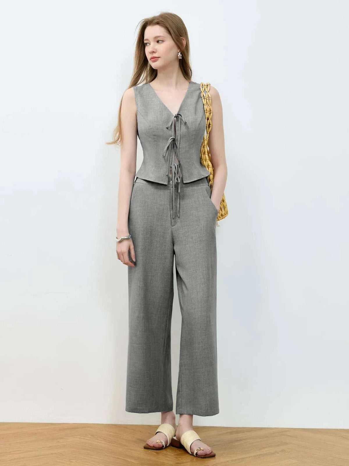 Tie Front Vest and Wide Leg Pants Set WESTCLOSET