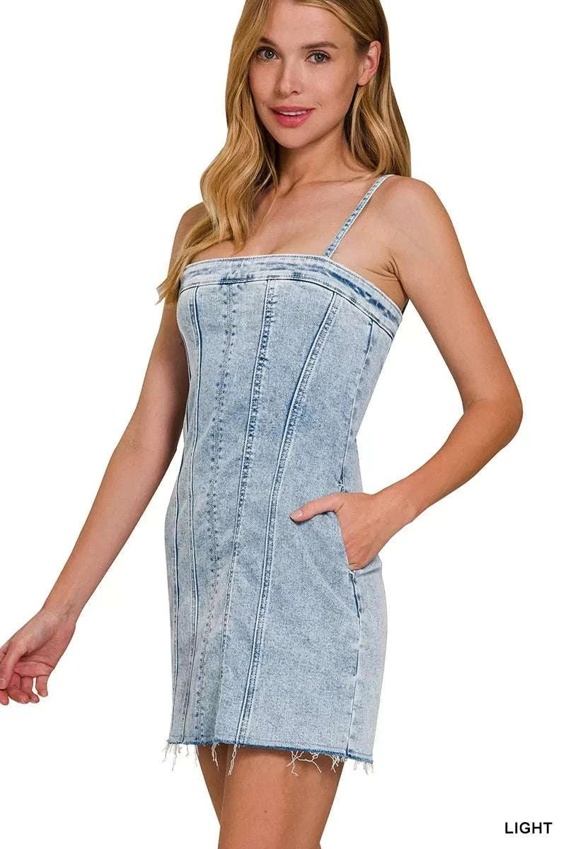 Zenana Spaghetti Strap Exposed Seam Light-Wash Dress WESTCLOSET