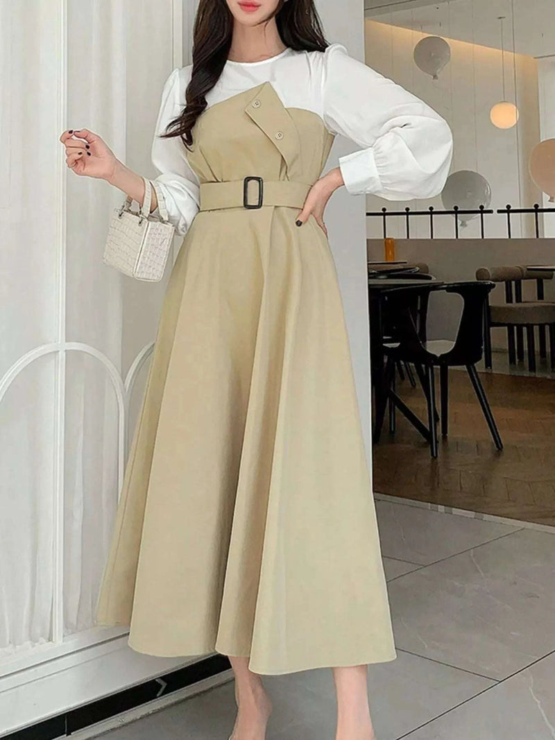 Contrast Long Sleeve Midi Dress with Belted WESTCLOSET