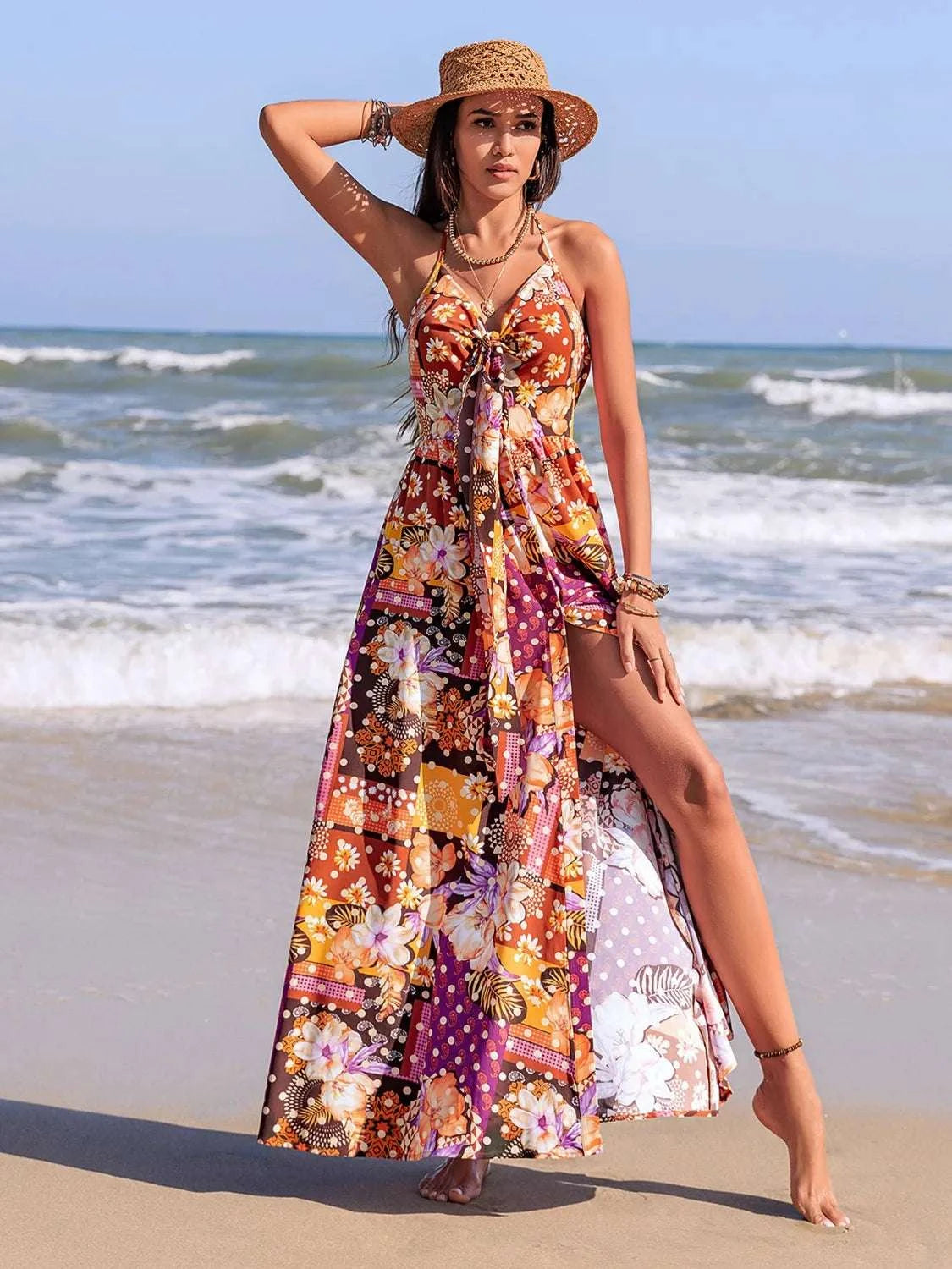 Slit Printed Halter Neck Cami Dress WESTCLOSET