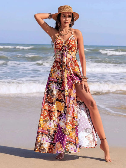 Slit Printed Halter Neck Cami Dress WESTCLOSET