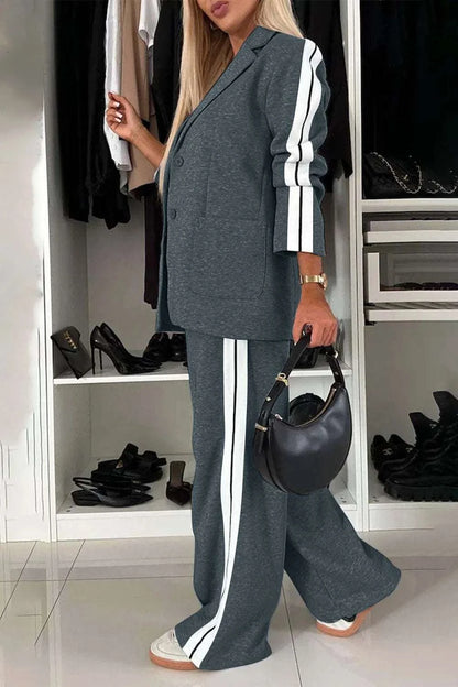 Full Size Contrast Lapel Collar Top and Pants Set WESTCLOSET