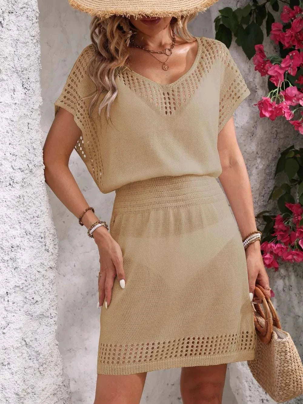 Openwork V-Neck Short Sleeve Cover-Up Dress WESTCLOSET