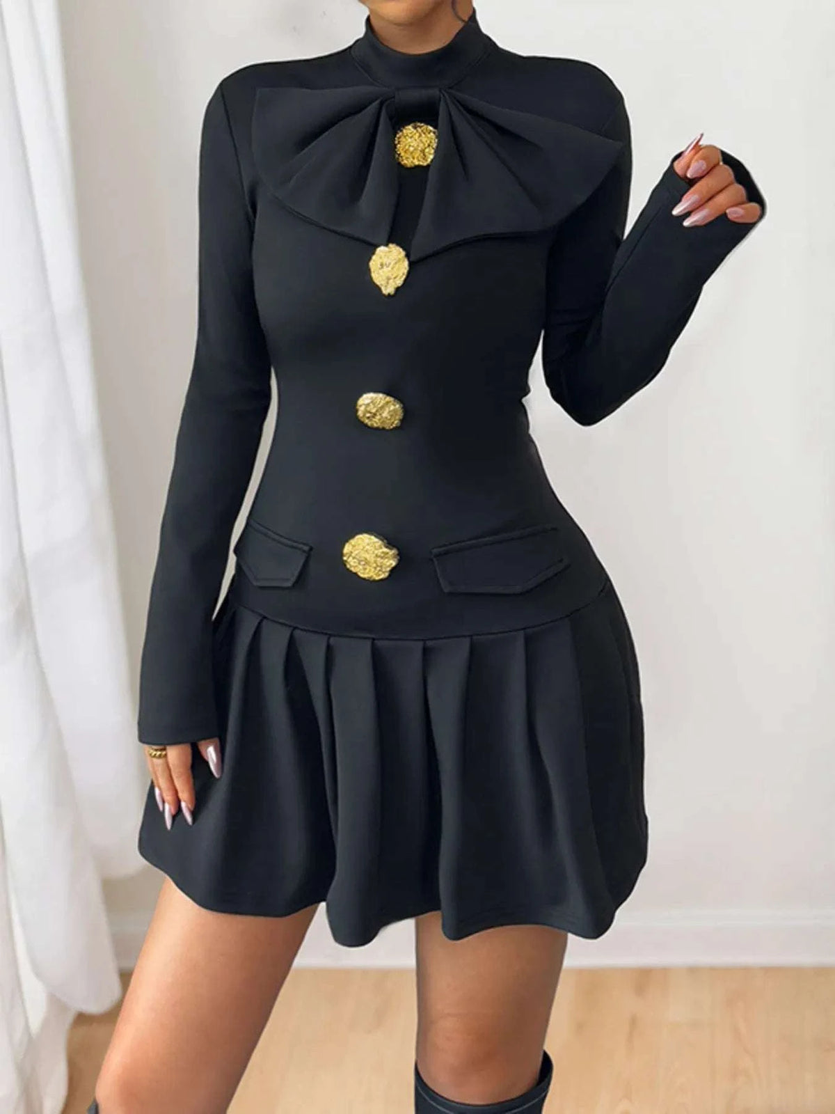 Decorative Button Mock Neck Long Sleeve Mini Dress WESTCLOSET