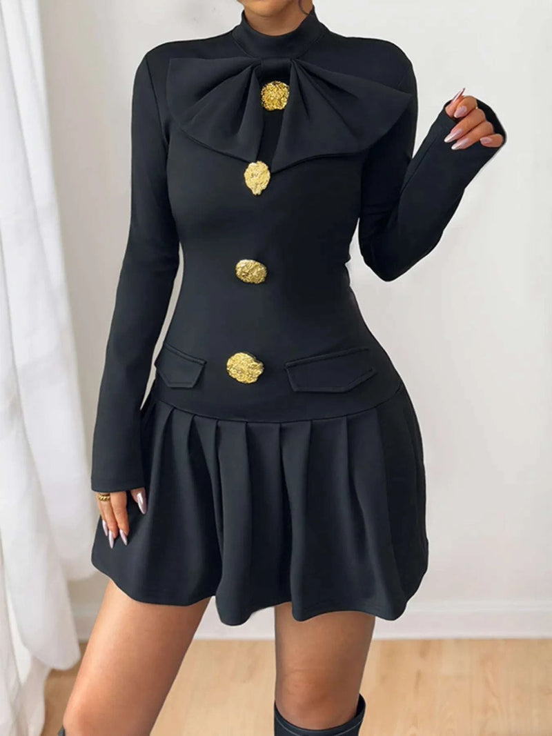 Decorative Button Mock Neck Long Sleeve Mini Dress WESTCLOSET