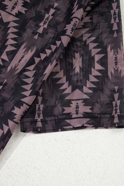 Aztec Print Mock Neck Short Sleeve Mesh T Shirt WESTCLOSET