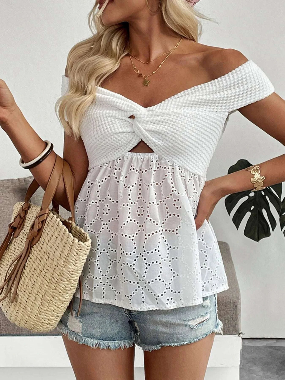 Eyelet Cutout Off-Shoulder Blouse WESTCLOSET