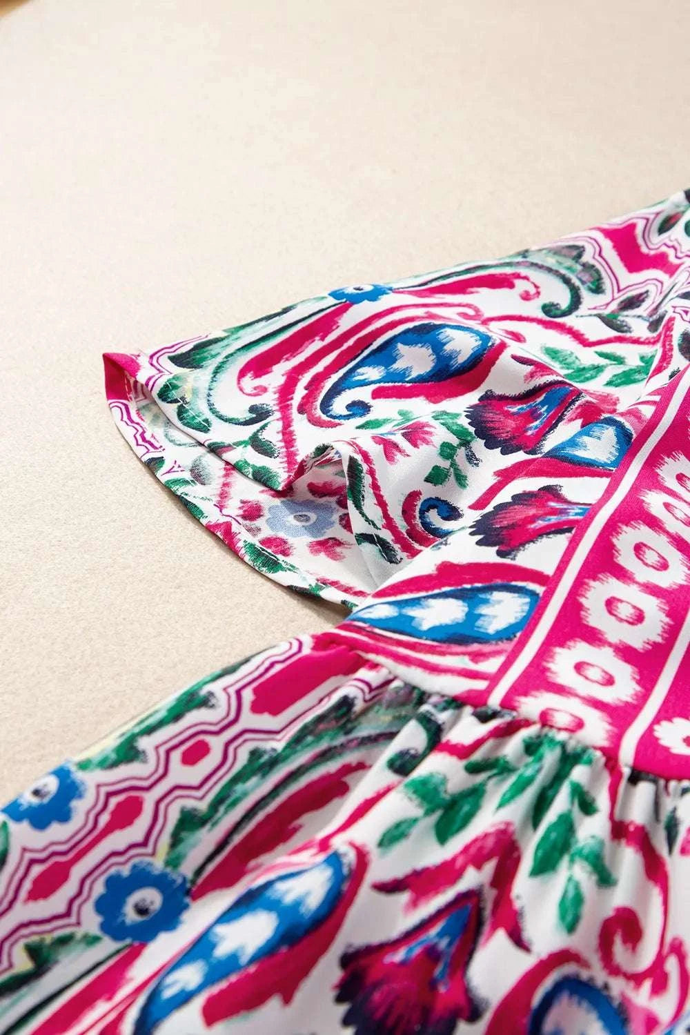 Printed Tie Neck Short Sleeve Dress WESTCLOSET