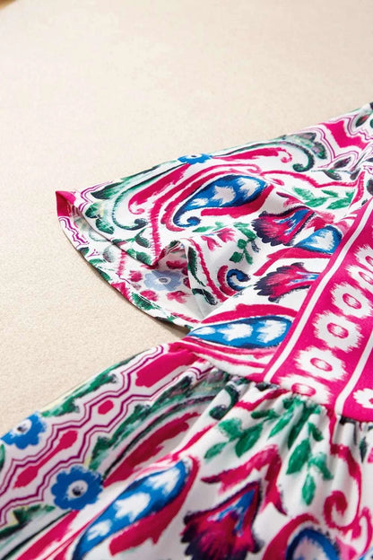 Printed Tie Neck Short Sleeve Dress WESTCLOSET