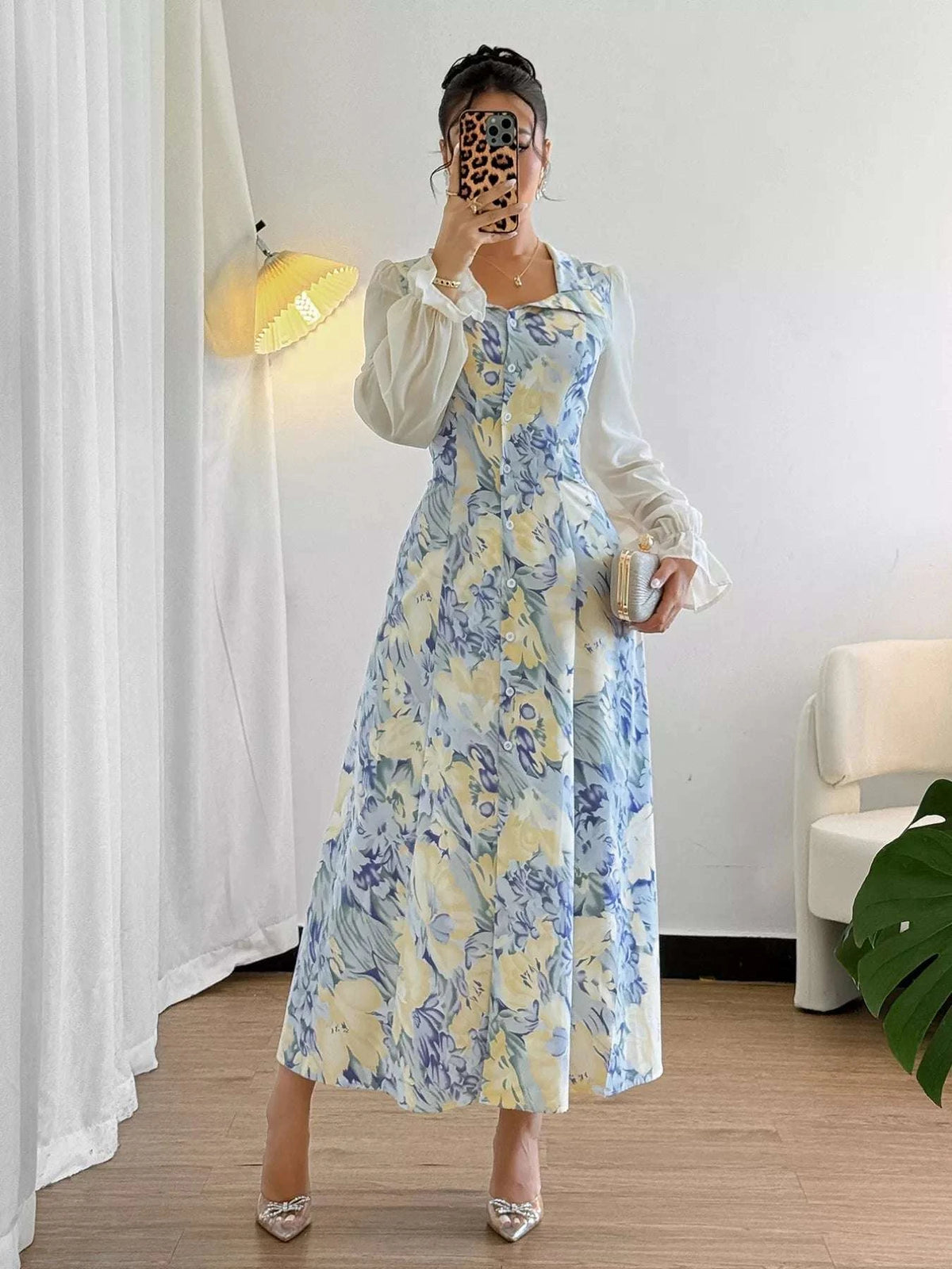 Floral Print Sheer Flounce Sleeves Dress WESTCLOSET