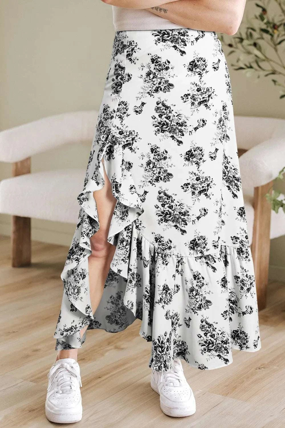 Boho Floral High Waist Ruffle Split Maxi Skirt WESTCLOSET