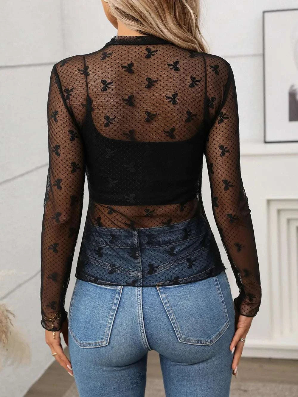 Floral Mock Neck Long Sleeve Mesh Top WESTCLOSET