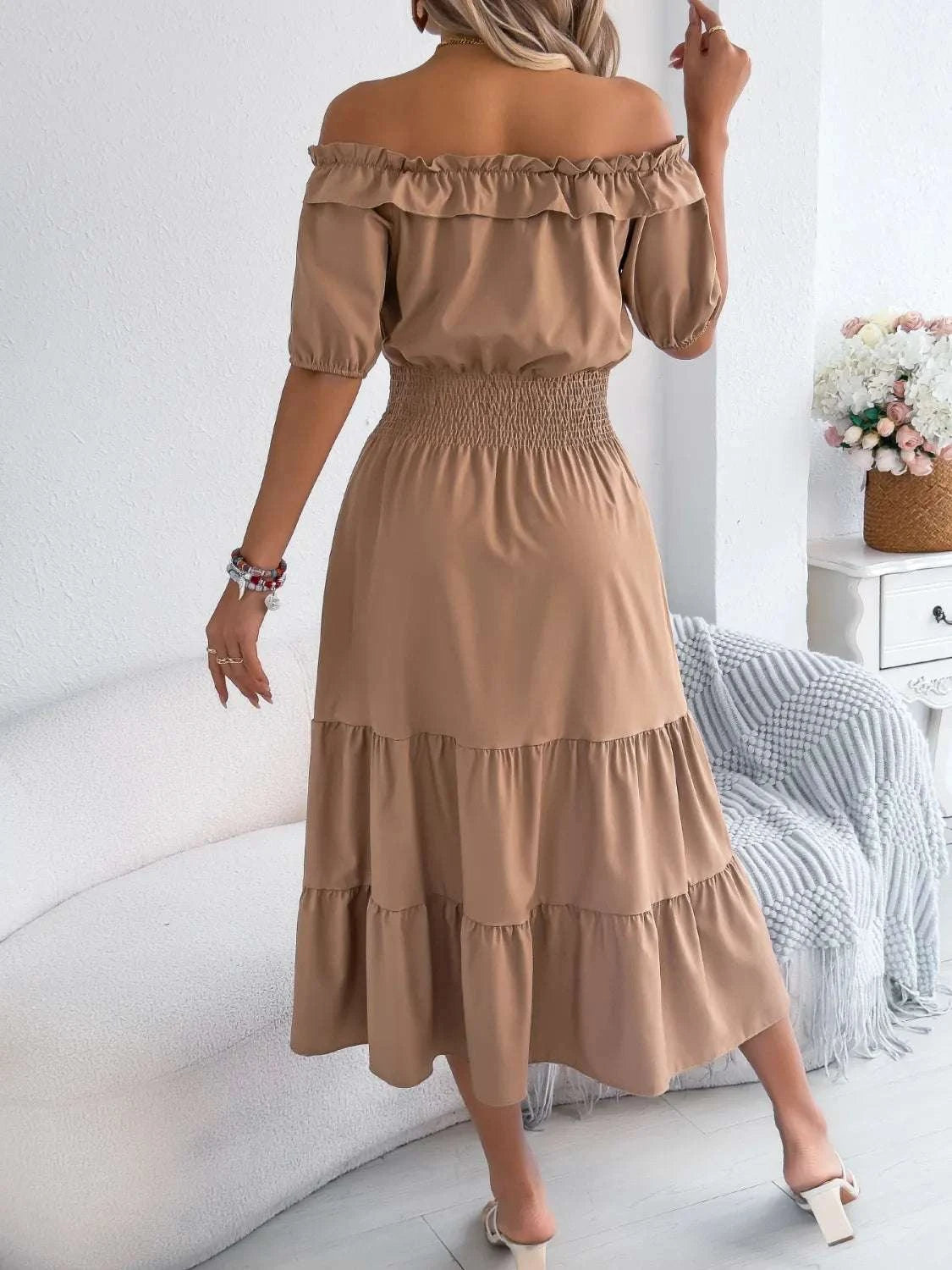 Smocked Off-Shoulder Tiered Dress WESTCLOSET