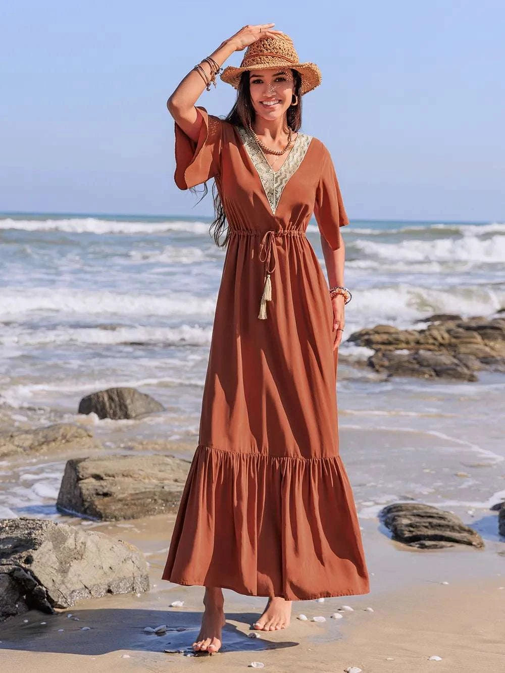 Ruffled Tassel V-Neck Flutter Sleeve Dress WESTCLOSET