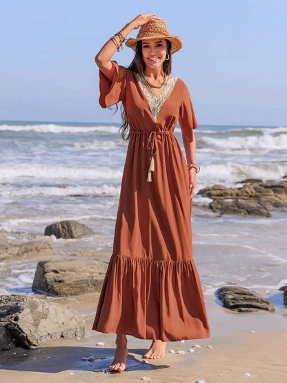 Ruffled Tassel V-Neck Flutter Sleeve Dress WESTCLOSET