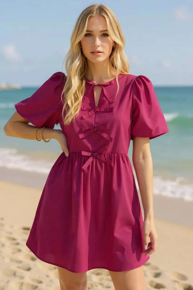 Oh Bow Ruched Puff Sleeve Mini Dress WESTCLOSET