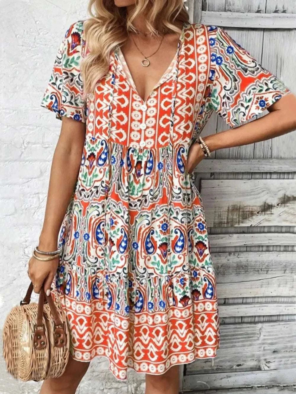 Printed Tie Neck Short Sleeve Dress WESTCLOSET